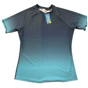 Halcurt Women's  Rash Guard Swim Shirt Ombre Blue Short Sleeve UPF 50+ Large NWT